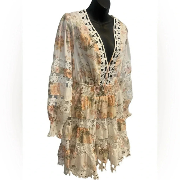 White Spring Dress With‎ Floral Print And Cutouts V-Neck Size L - Picture 2 of 5